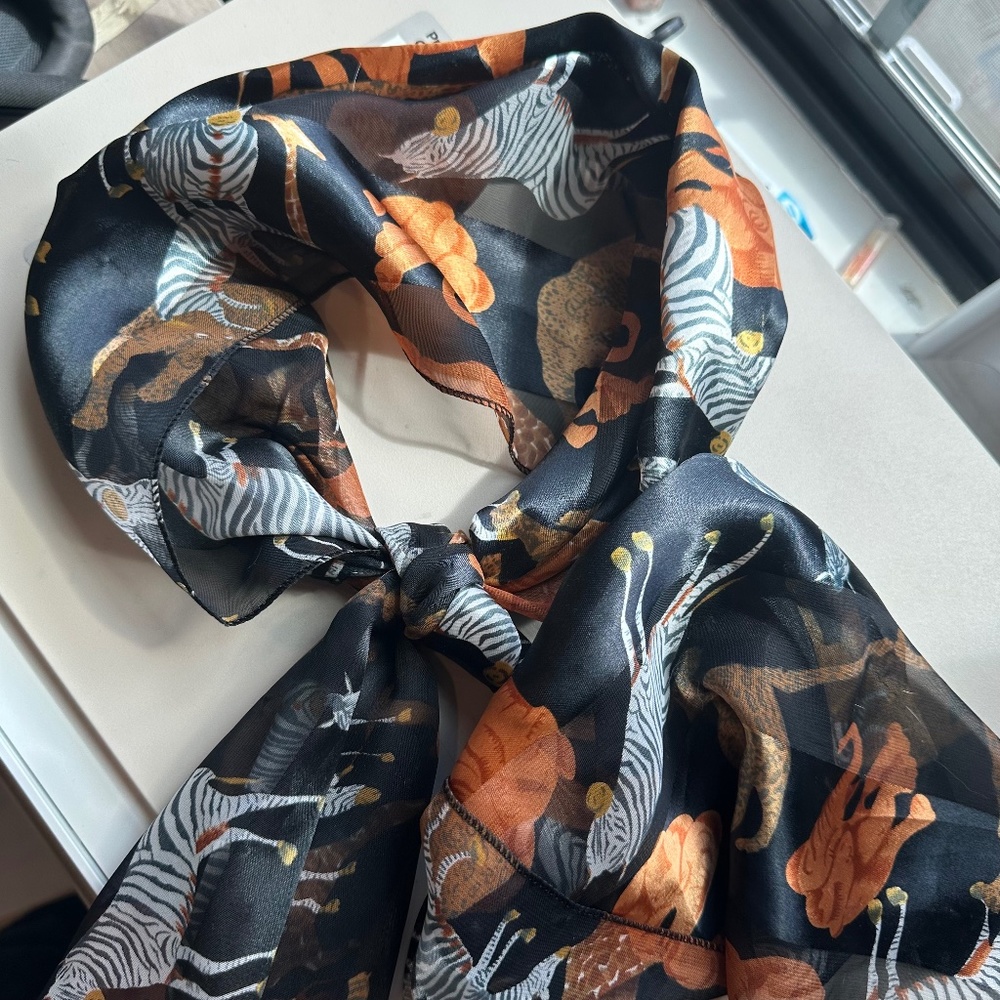 Y2K VINTAGE Black Metallic Safari Animal Striped Satin Long Scarf